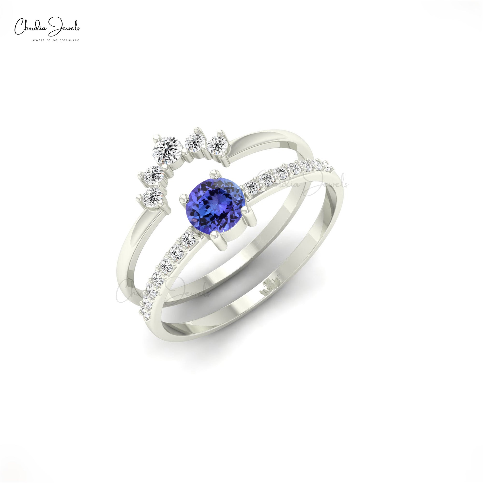 Brilliant Cut Chevron Ring In 14k Solid Gold Tanzanite 0.27 Ct Gemstone & Diamond Rings