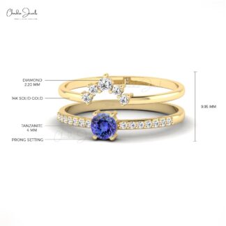 Brilliant Cut Chevron Ring In 14k Solid Gold Tanzanite 0.27 Ct Gemstone & Diamond Rings