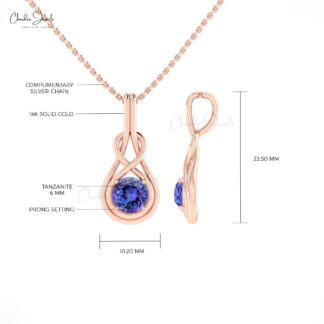 Single Stone Infinity Pendant With 6mm Tanzanite Prong Set In 14k Real Gold Necklace