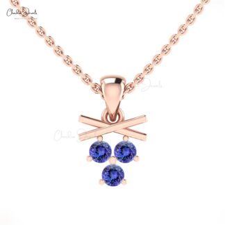Dangling Cluster Charm In Real 14k Gold Tanzanite 0.24 Ct Round Cut 3 Stone Unique Pendant