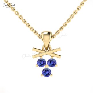 Dangling Cluster Charm In Real 14k Gold Tanzanite 0.24 Ct Round Cut 3 Stone Unique Pendant