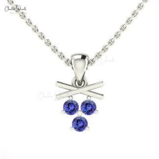 Dangling Cluster Charm In Real 14k Gold Tanzanite 0.24 Ct Round Cut 3 Stone Unique Pendant