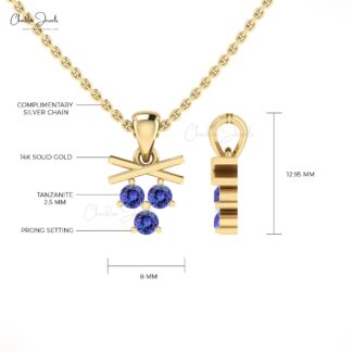 Dangling Cluster Charm In Real 14k Gold Tanzanite 0.24 Ct Round Cut 3 Stone Unique Pendant
