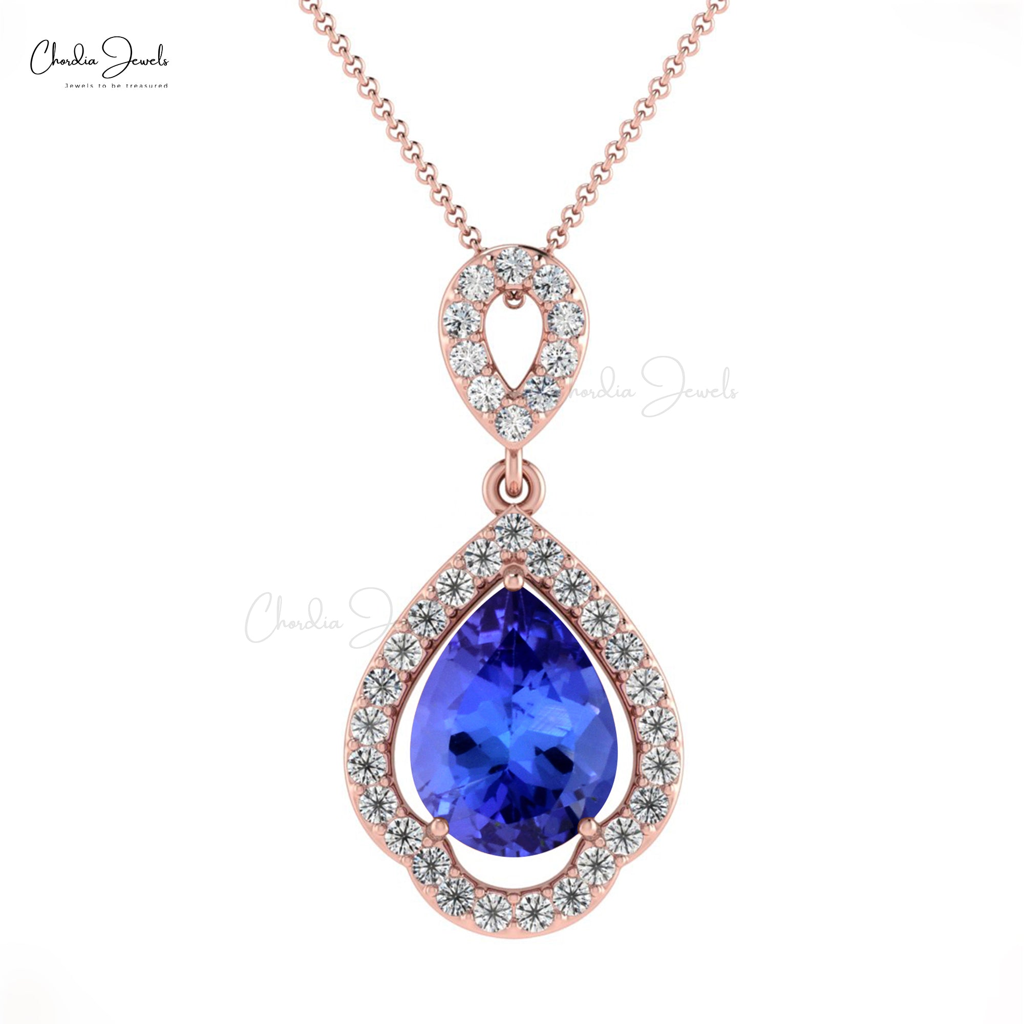 Dangle Art Deco Pendant In 14k Solid Gold Tanzanite 1. Ct Pear Cut And Diamond Necklace