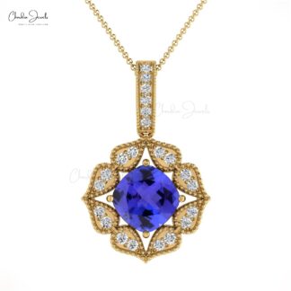 Art Deco Inspired Pendant In 14k Real Gold Tanzanite 6mm Gemstone And Diamond Necklace