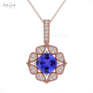 Art Deco Inspired Pendant In 14k Real Gold Tanzanite 6mm Gemstone And Diamond Necklace