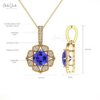 Art Deco Inspired Pendant In 14k Real Gold Tanzanite 6mm Gemstone And Diamond Necklace
