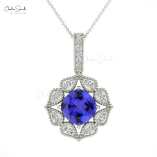 Art Deco Inspired Pendant In 14k Real Gold Tanzanite 6mm Gemstone And Diamond Necklace