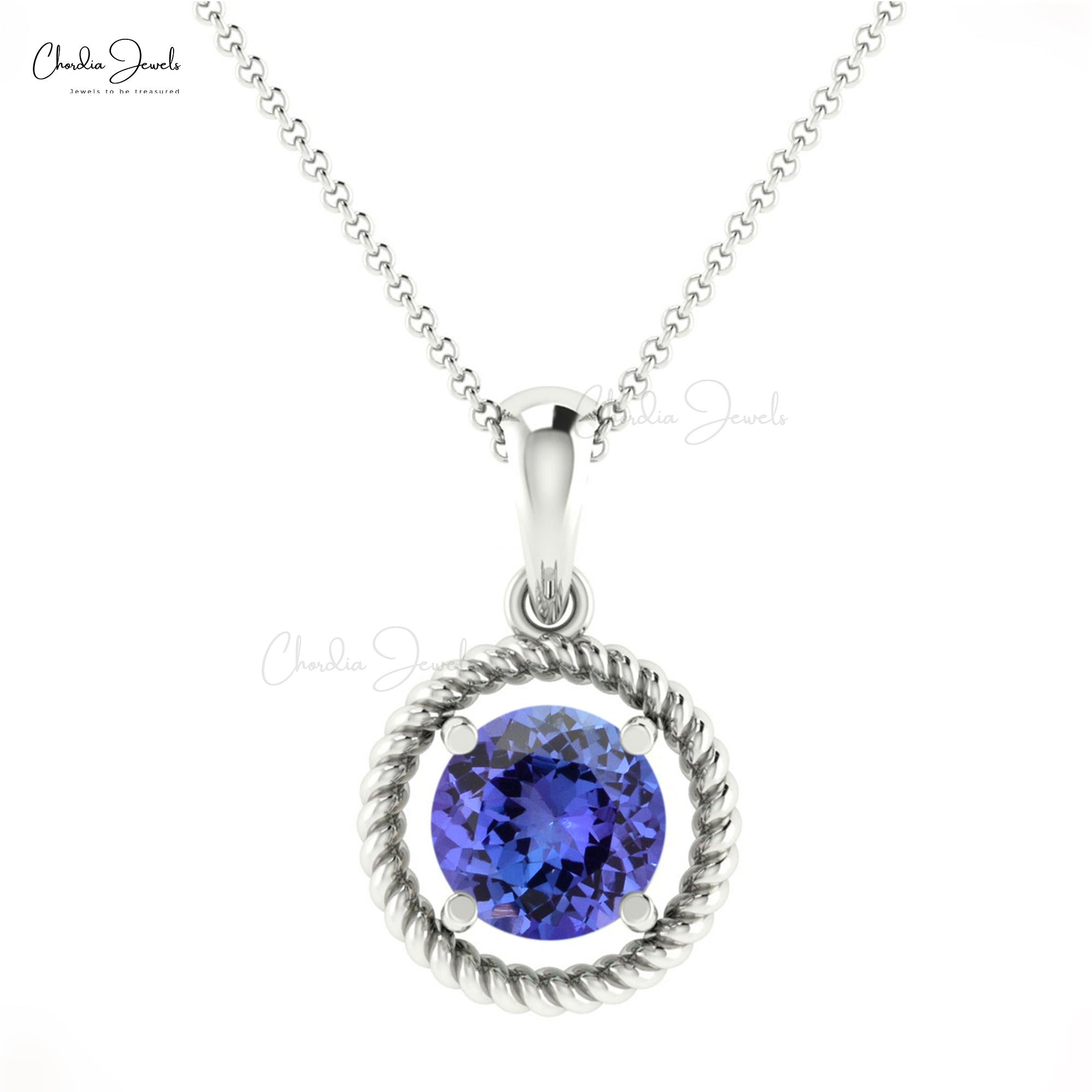 Natural tanzanite gemstone spiral pendant necklace in white gold