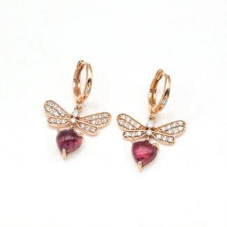 Dangle Heart Hoops With 6.5mm Pink Tourmaline And Diamond Love Earrings In 14k Rose Gold
