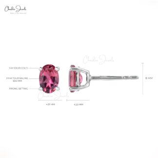 Delicate Pink Tourmaline 6x4mm Oval Solitaire Earrings Genuine 14k Real Gold Push Back Minimalist Studs For Bridesmaid Gift