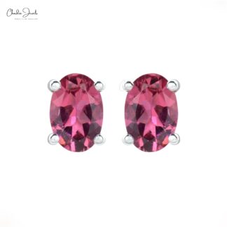 Delicate Pink Tourmaline 6x4mm Oval Solitaire Earrings Genuine 14k Real Gold Push Back Minimalist Studs For Bridesmaid Gift