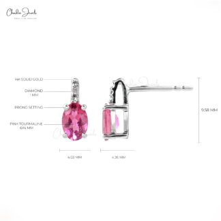AAA Pink Tourmaline 0.88Ct & 0.008Ct Diamond Accented Earrings 14k Real White Gold Prong Set Genuine Dainty Fine Jewelry For Her