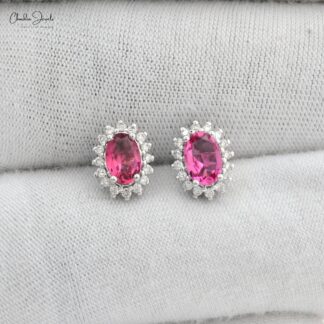 Sparkling Pink Tourmaline 6x4mm Oval Cut Halo Studs 14k Real White Gold 1.1mm Round Cut Diamond Light Weight Jewelry For Gift