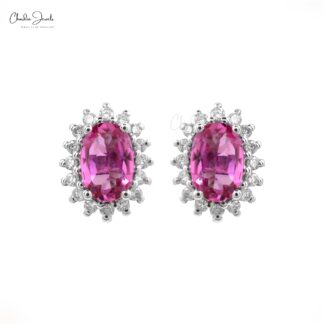 Sparkling Pink Tourmaline 6x4mm Oval Cut Halo Studs 14k Real White Gold 1.1mm Round Cut Diamond Light Weight Jewelry For Gift