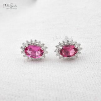 Sparkling Pink Tourmaline 6x4mm Oval Cut Halo Studs 14k Real White Gold 1.1mm Round Cut Diamond Light Weight Jewelry For Gift