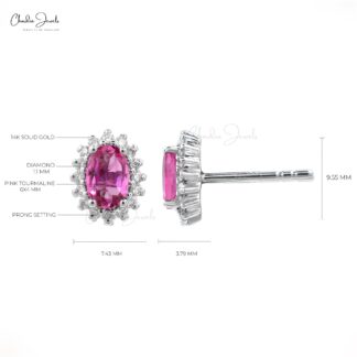 Sparkling Pink Tourmaline 6x4mm Oval Cut Halo Studs 14k Real White Gold 1.1mm Round Cut Diamond Light Weight Jewelry For Gift
