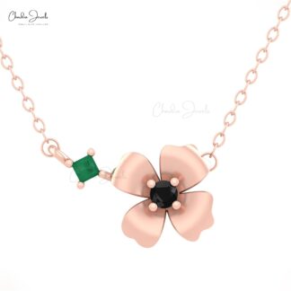 Dainty Floral Women Necklace In 14k Real Gold Emerald And Diamond Thin Chain Necklaces