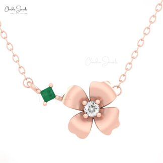 Floral Thin Chain Necklace In 14k Solid Gold Emerald And Diamond 2 Stone Minimal Necklaces