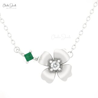 Floral Thin Chain Necklace In 14k Solid Gold Emerald And Diamond 2 Stone Minimal Necklaces