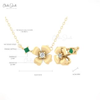 Floral Thin Chain Necklace In 14k Solid Gold Emerald And Diamond 2 Stone Minimal Necklaces