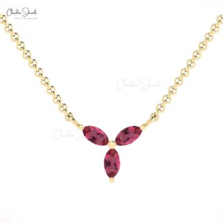 Real 14k Gold 3 Stone Necklace With 0.24 Ct Pink Tourmaline Birthstone Chain Necklace