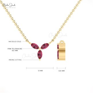 Real 14k Gold 3 Stone Necklace With 0.24 Ct Pink Tourmaline Birthstone Chain Necklace