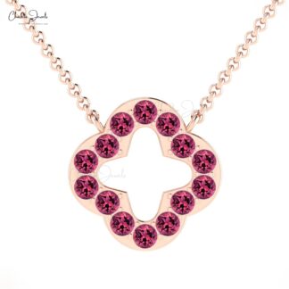 Solid 14k Gold Clover Chain Necklace With 2mm Pink Tourmaline Open 4 Leaf Necklace For Her