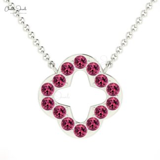 Solid 14k Gold Clover Chain Necklace With 2mm Pink Tourmaline Open 4 Leaf Necklace For Her