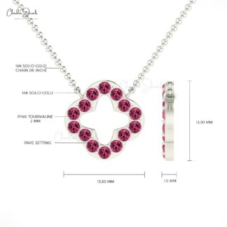 Solid 14k Gold Clover Chain Necklace With 2mm Pink Tourmaline Open 4 Leaf Necklace For Her