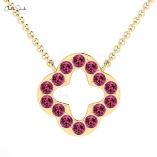 Solid 14k Gold Clover Chain Necklace With 2mm Pink Tourmaline Open 4 Leaf Necklace For Her