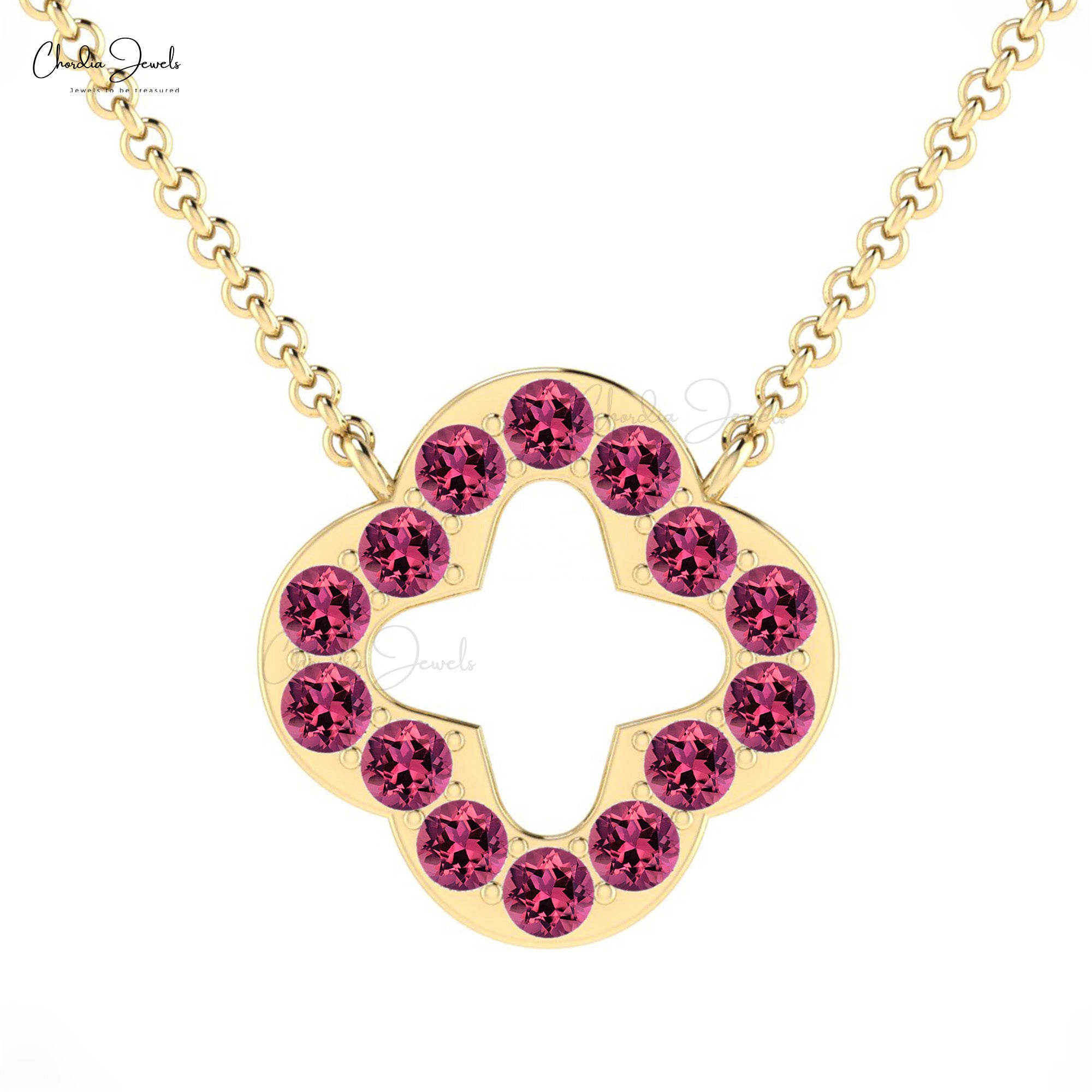 Solid 14k Gold Clover Chain Necklace With 2mm Pink Tourmaline Open 4 Leaf Necklace For Her