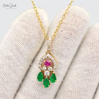Natural Multi-Gemstones Dangling Pendant In 14k Yellow Gold