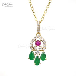 Natural Multi-Gemstones Dangling Pendant In 14k Yellow Gold