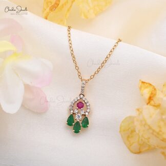 Natural Multi-Gemstones Dangling Pendant In 14k Yellow Gold