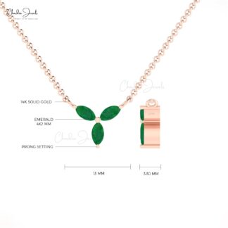 Three Gemstone Necklace In 14k Real Gold Zambian Emerald 4x2mm Marquise Chain Necklace