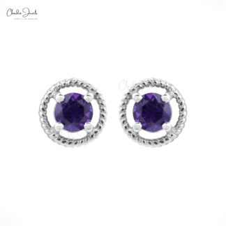 Natural Amethyst 5mm Round Brilliant Cut Spiral Studs, 0.84 Ct February Birthstone Gemstone Stud Earrings, 14k Solid White Gold 4-Prong Set Minimalist Jewelry For Birthday Gift