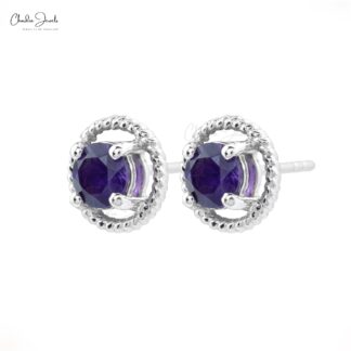 Natural Amethyst 5mm Round Brilliant Cut Spiral Studs, 0.84 Ct February Birthstone Gemstone Stud Earrings, 14k Solid White Gold 4-Prong Set Minimalist Jewelry For Birthday Gift
