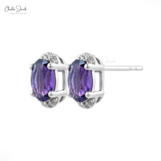 Purple Amethyst Half Halo Studs 7x5mm Oval Cut Natural Gemstone Handmade Earrings 14k Real Gold Diamond Summer Jewelry