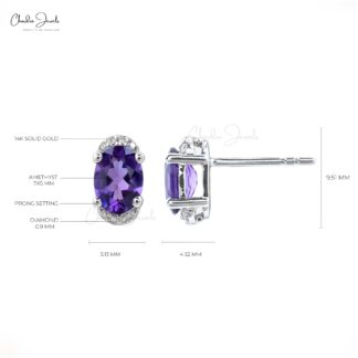 Purple Amethyst Half Halo Studs 7x5mm Oval Cut Natural Gemstone Handmade Earrings 14k Real Gold Diamond Summer Jewelry
