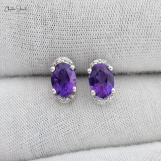 Purple Amethyst Half Halo Studs 7x5mm Oval Cut Natural Gemstone Handmade Earrings 14k Real Gold Diamond Summer Jewelry