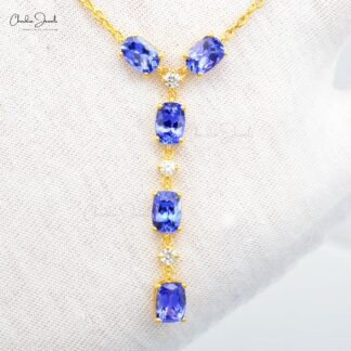 Statement Diamond Chain Necklace In 14k Yellow Gold Tanzanite 7x5mm Gemstone Necklaces