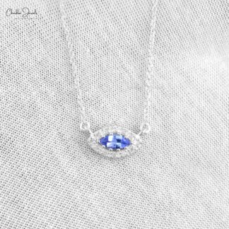 Delicate Evil Eye Charm With 0.22 Ct Tanzanite And Diamond Halo Necklace In 14k White Gold