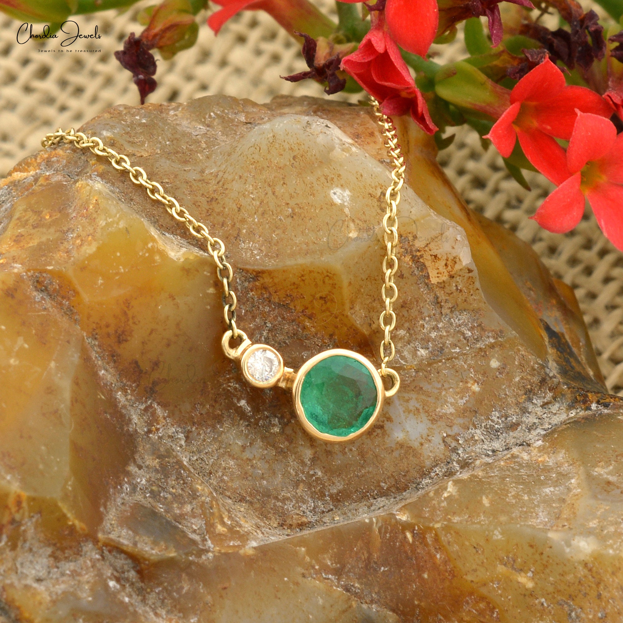 Pure 14k Yellow Gold Bezel Set Necklace With 5mm Emerald Diamond Fine Jewelry For Her