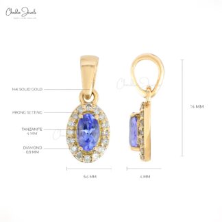 Solid 14k Yellow Gold Diamond Halo Wedding Pendant Natural Tanzanite Pendant 0.24 Ct December Birthstone Fine Jewelry For Her