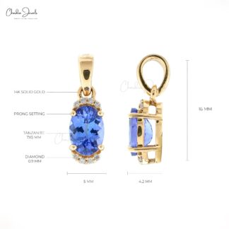 Real 14k Yellow Gold Natural Tanzanite Half Halo Pendant 7x5mm Oval Cut Gemstone Pendant Dainty Diamond Jewelry For Gift