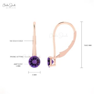 Gemstone Dangle Earrings In 14k Real Gold Amethyst 5mm Round Cut Solitaire Earring