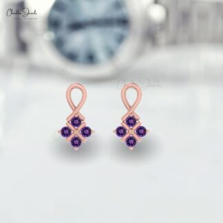 Cluster Wedding Studs In Pure 14k Gold Amethyst 2mm Gemstone Twisted Women Earrings