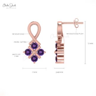 Cluster Wedding Studs In Pure 14k Gold Amethyst 2mm Gemstone Twisted Women Earrings