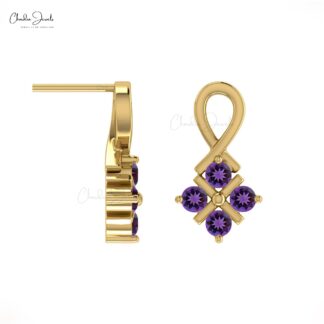 Cluster Wedding Studs In Pure 14k Gold Amethyst 2mm Gemstone Twisted Women Earrings